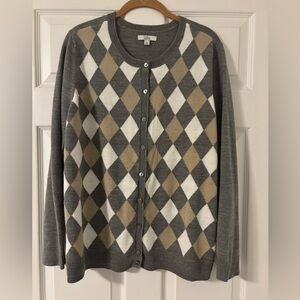 Croft & Barrow Argyle Long Sleeve Cardigan Sweater Grey/Cream Women’s XL